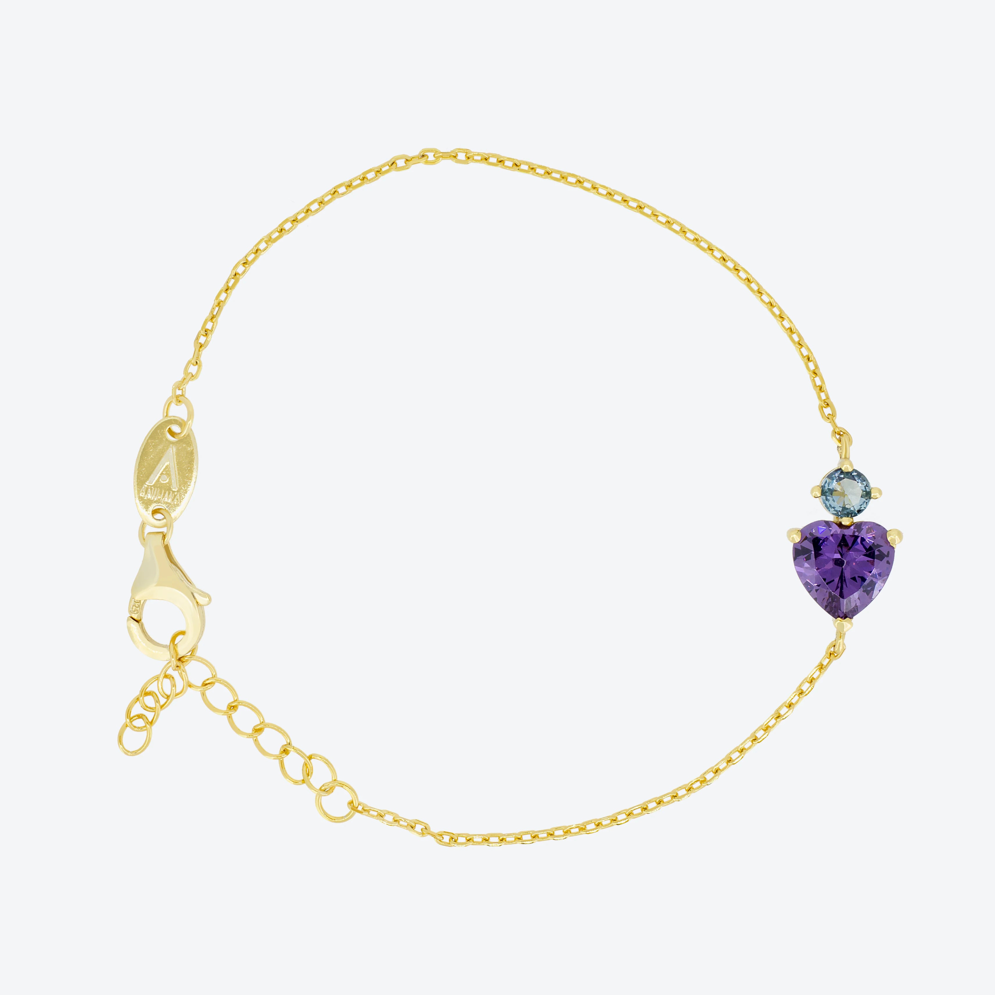 Bracciale sottile con cuore pietra ametista e zircone celeste - ORO