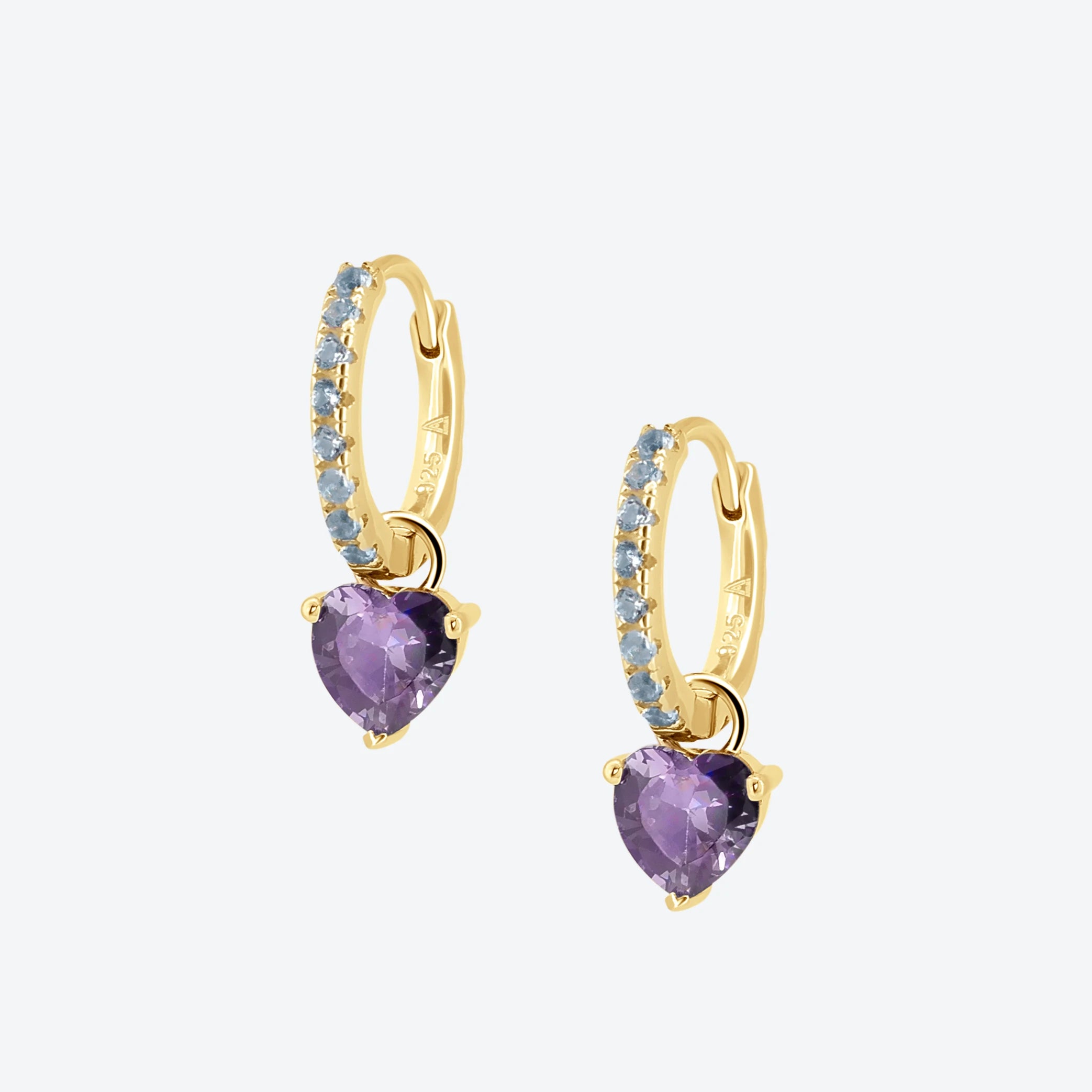 ORECCHINI cerchio con pave zirconi celesti e pendente cuore pietra ametista - ORO