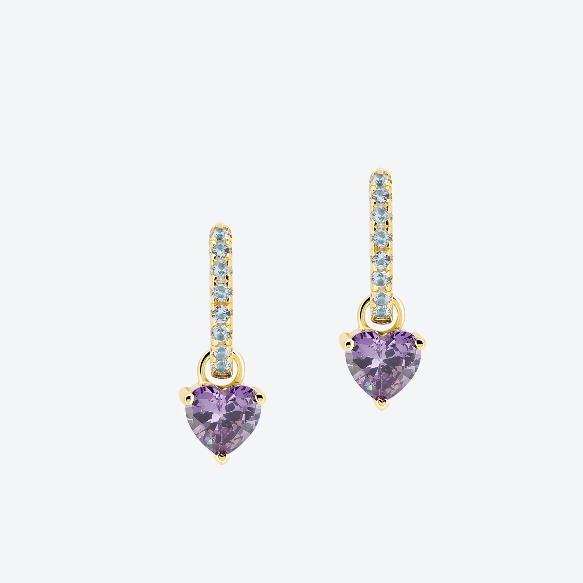 ORECCHINI cerchio con pave zirconi celesti e pendente cuore pietra ametista - ORO