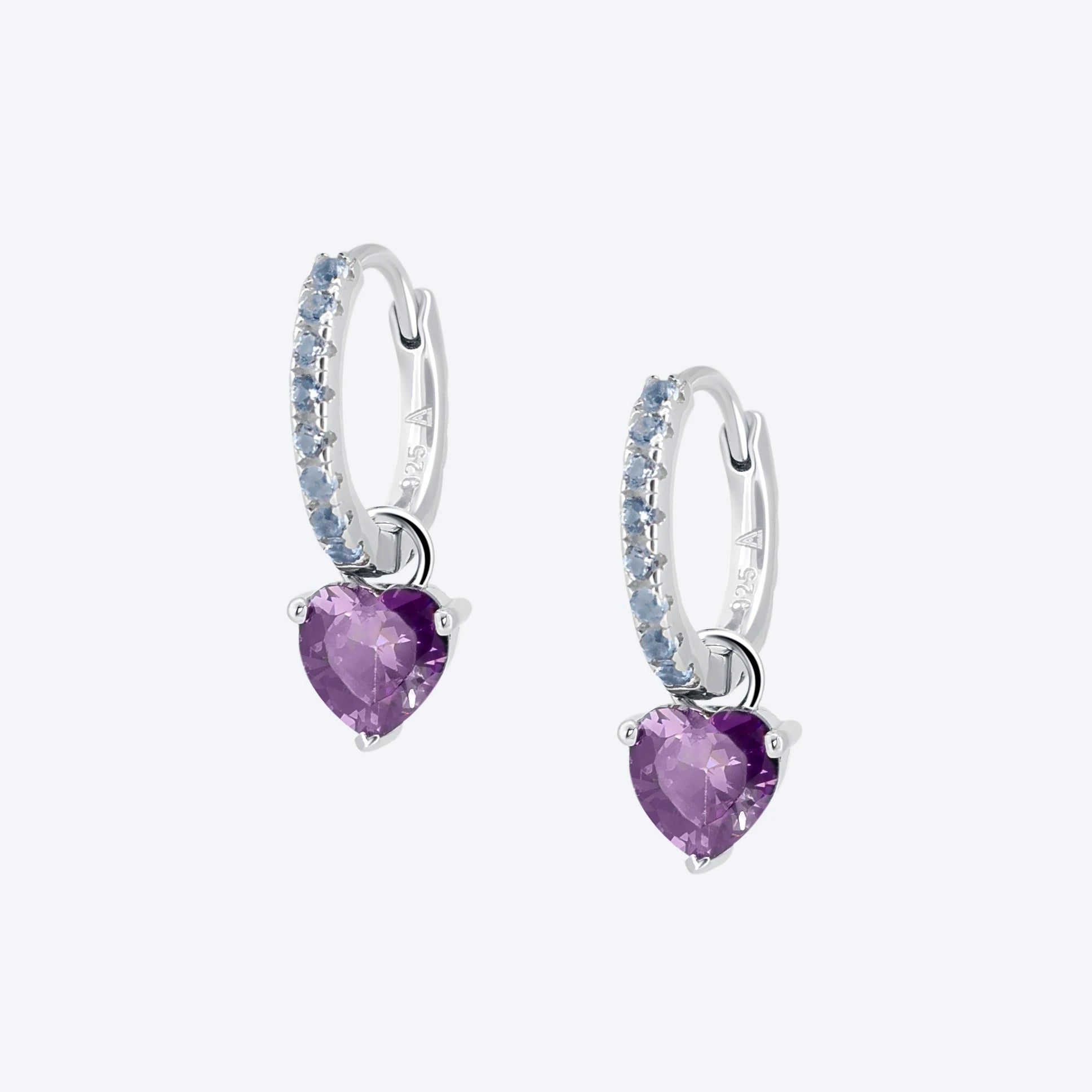 ORECCHINI cerchio con pave zirconi celesti e pendente cuore pietra ametista - ARGENTO