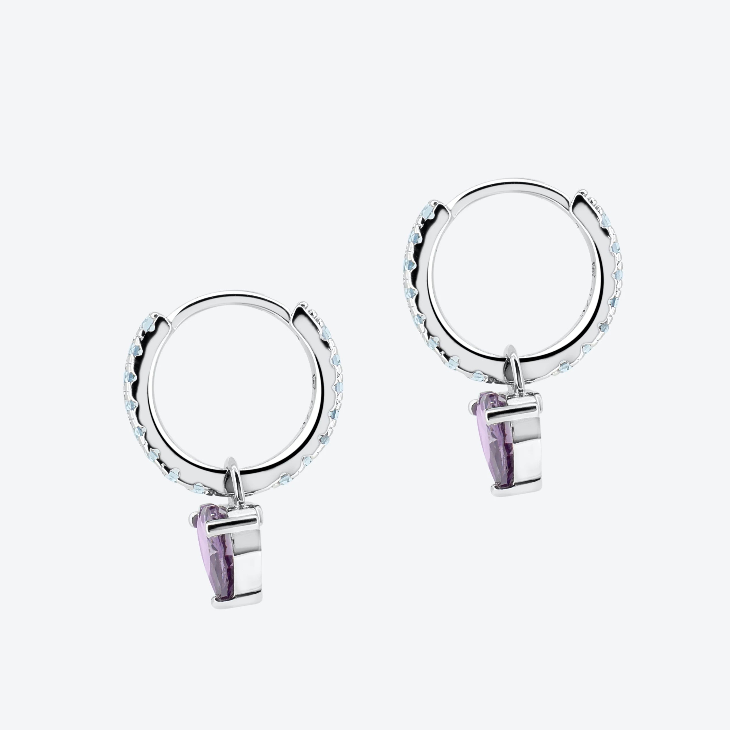 ORECCHINI cerchio con pave zirconi celesti e pendente cuore pietra ametista - ARGENTO