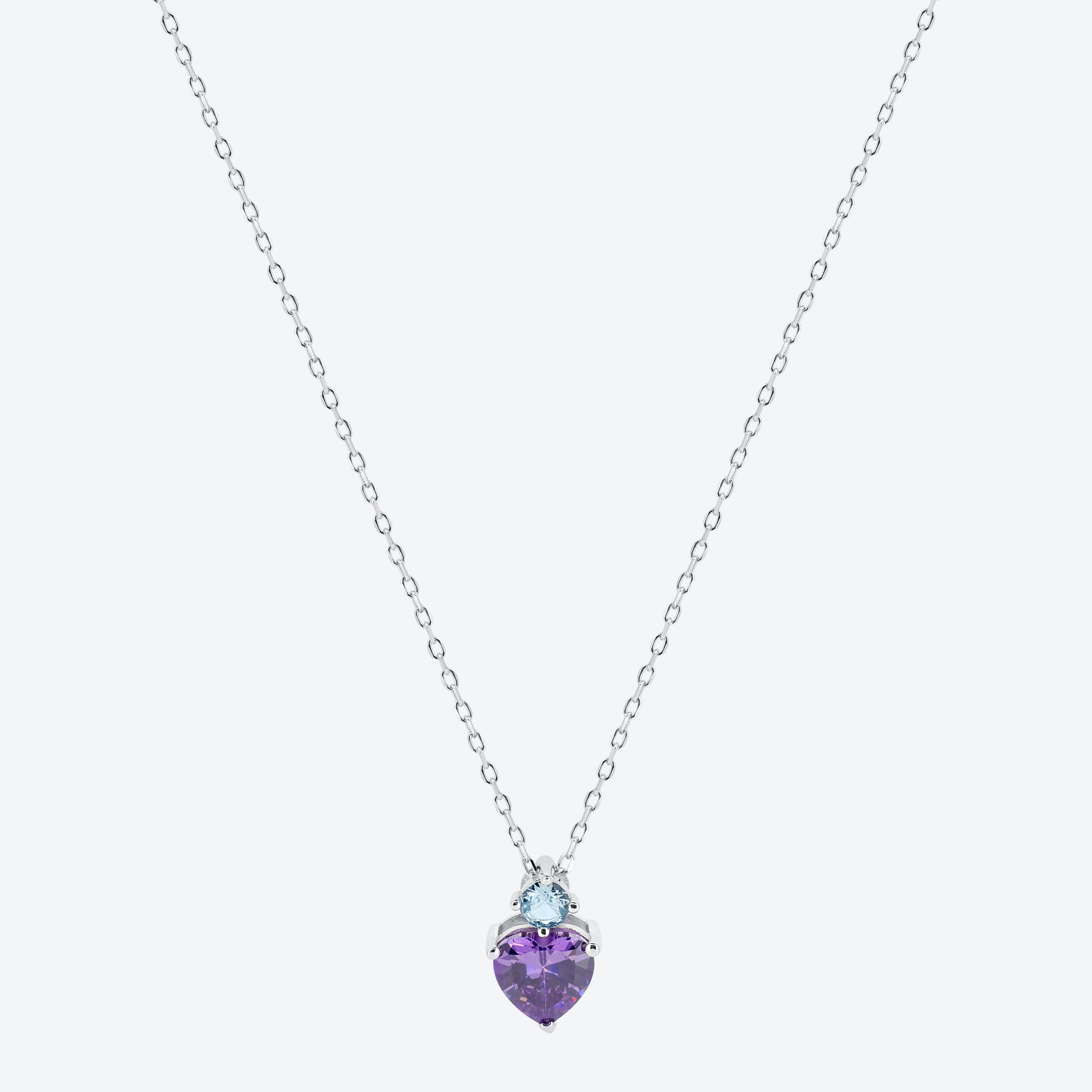 COLLANA con pendente cuore pietra ametista e zircone celeste - ARGENTO