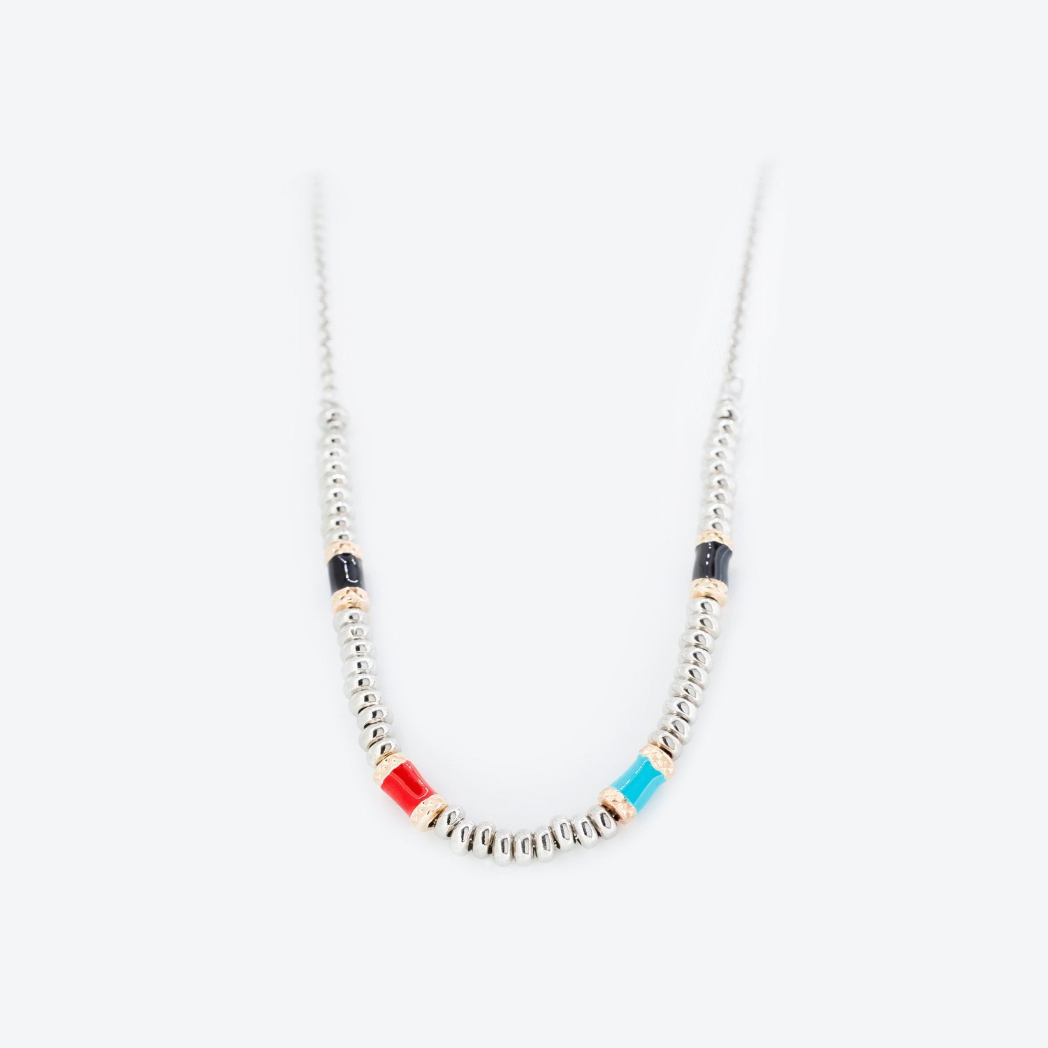 COLLANA con elementi rosé smaltati rosso, turchese, tiffany e nero