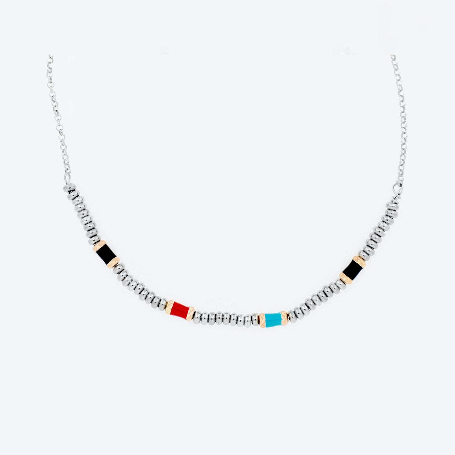 COLLANA con elementi rosé smaltati rosso, turchese, tiffany e nero